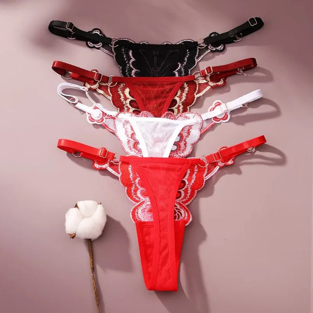 Europäischer Stil, exquisite Schmetterlingsstickerei, Tanga, süße Blumen-Perspektiv-Dessous für Damen, sexy verstellbare Slips