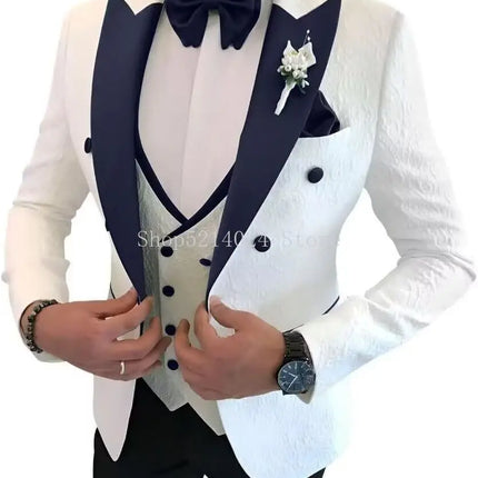 Floral Jacquard 3 Piece Suits for Wedding Slim Fit One Button Tuxedos Blazer Double Breasted Vest Pants
