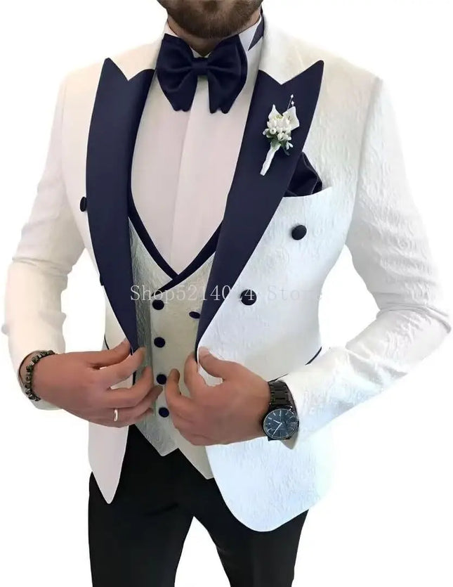 Trajes de jacquard floral de 3 piezas para boda, corte ajustado, esmoquin de un botón, blazer, chaleco cruzado y pantalones