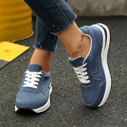 Blue Denim Platform Sneakers Women Fashion Thick Sole Lace Up Sports Shoes Woman Plus Size 43 Comfortable Casual Female Sneakers