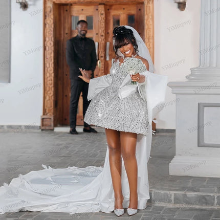 Luxury Short Wedding Dresses for Bride with Cape Corset Crystal Sequins Africa After Party Wedding Reception Dress Customized