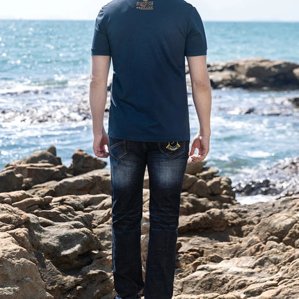 New Summer Thin Dark Blue Casual Loos Straight Men's Jeans Stretch Cotton Bruce&Shark Jeans for Men  Fashion Mid Waist Big Size
