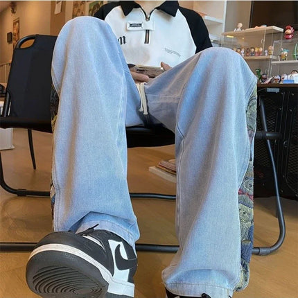 2023 Embroidered Bear Jeans Men's Spring Fall Straight Leg Loose Plus Wide Leg Fashion Brand American High Street Casual Pants