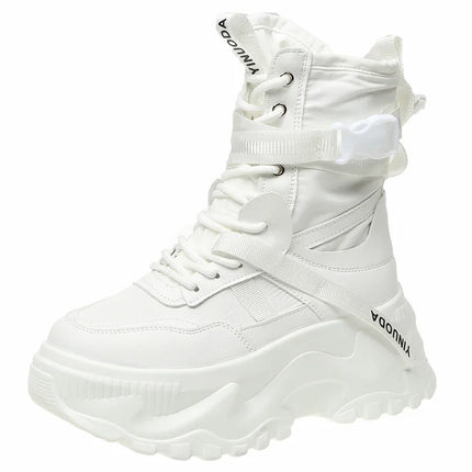 White Chunky Platform Motorcycle Boots Women Buckle Lace Up Thick Bottom Ankle Boots Woman 2024 Autumn Fashion Vulcanized Shoes