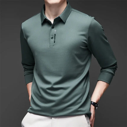 New Men's Business Casual Long Sleeved Shirt with Badge Solid Color Polo Shirt Fashionable Breathable - product image 10