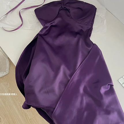 High Quality Purple Prom Gown Low Chest Wrapped Solid Evening Dress Design Banquet Simple Wrap Hip Satin Dress Formal Occasion