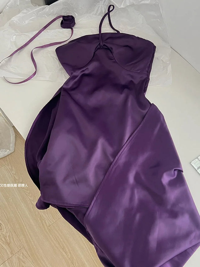 Hochwertiges violettes Ballkleid mit tiefem Brustwickel, einfarbiges Abendkleid, Bankett, schlichtes Wickel-Hüft-Satin-Kleid, formeller Anlass