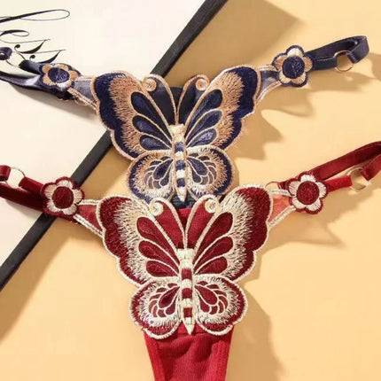 European Style Exquisite Butterfly Embroidered Thong Girl's Sweet Flower Perspective Lingerie for Women's Sexy Adjustable Briefs