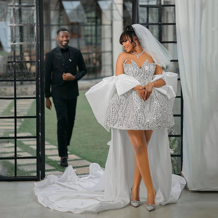 Luxury Short Wedding Dresses for Bride with Cape Corset Crystal Sequins Africa After Party Wedding Reception Dress Customized