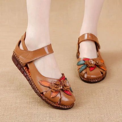 Size 42 Flat Heel Genuine Leather Sandals Woman Summer Hollow Out Shoes Mom Women's Retro Flower Orthopedic Sandals for Ladies