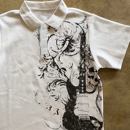 Summer T-shirt Fashion Retro Classic Style Versatile Lapel T-shirt with Punk Guitar Print Shirt, Y2K American Trendy Streetwear