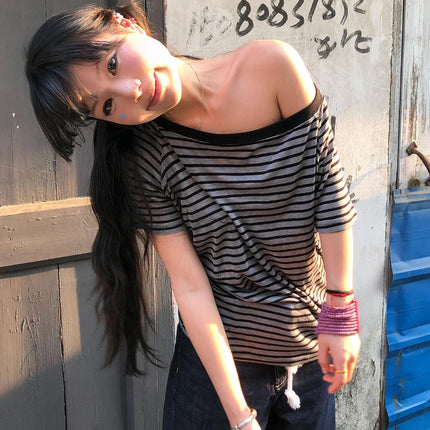 Tonngirls Y2k Japanese T Shirt Women Striped Off Shoulder Grunge Tops Streetwear 2000s Aesthetic Tshirts American Retro Tops Tee