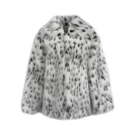 Leopard Faux Fur Cardigan Fox Fur Coats Loose Thick Warm Fur Outerwear Spliced Turn Down Collar Overcoat High Street Winter