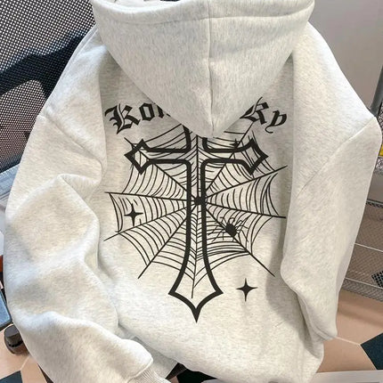 European American High Street Spider Cross Autumn Winter Fleece Warm Hooded Sweatshirt Casual Adult Men Versatile Soft Daily Use