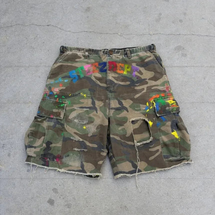 Y2K American Vintage Camouflage Pocket Denim Shorts Men Hip Hop Style Holes Trendy Streetwear Unisex Baggy Jeans Shorts Pants
