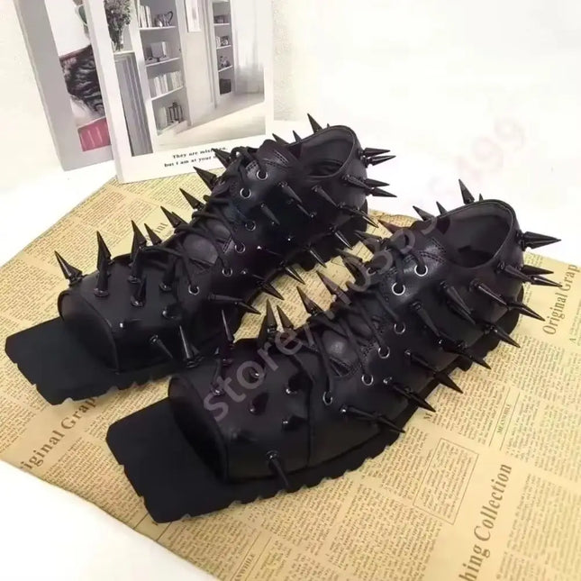 Women's Black Leather Hog Toe Boots Punk Y2K Chunky Heel Lace-Up Casual Spiked Pumps Street Fashion Spring 2026