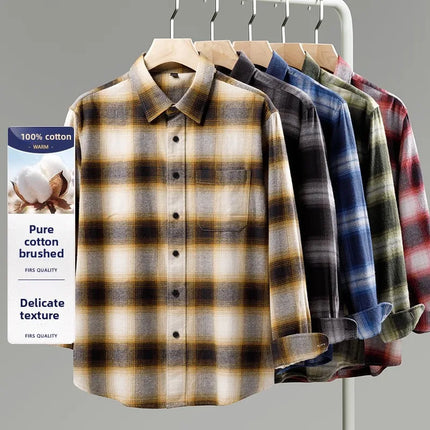 50S 2025 New In Autumn and Winter Pure Thick Cotton Flannel Polished Plaid Shirt With Pocket Men's Casual  Long-sleeved Shirt