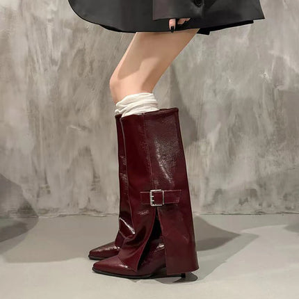 Thin Folkel Single Boots Autumn New Pointed Toe Metal Belt Buckle Anti-Slip Wear-Resistant Sleeve Tall Boots