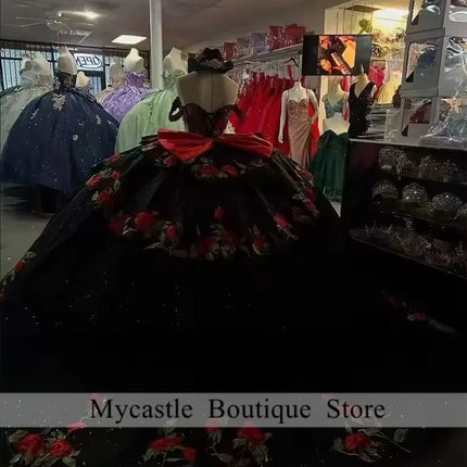 Black Mexican Red Roses Embroidery Quinceanera Dress Ball Gown 2026 Off The Shoulder Sweet 15 16 Dress Birthday Gown Customized