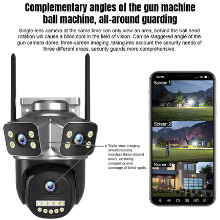 6MP Three Lens WiFi Security Camera Outdoor PTZ IP Camera Triple Screen Display Human Detection Two Way Audio Full Color Night Vision H265 Surveillance Camera