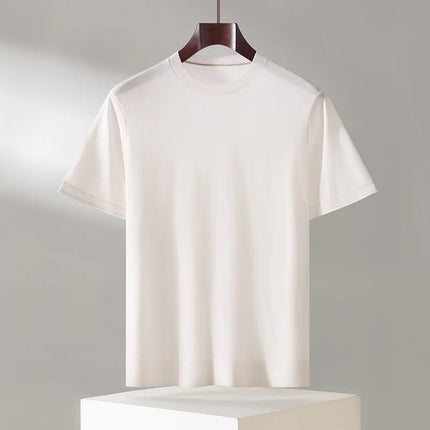 100% Lyocell Men's T-Shirt Casual Solid Color Knitted Pullover Short-Sleeved Loose Round Neck Tees Pull Vest Tops