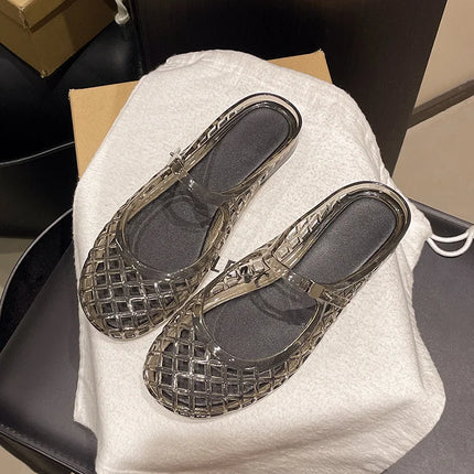 Women's Light Luxury Crystal Jelly Mary Jane Flat Sandals Hollow-out Breathable Closed Toe Summer Casual Non-slip Slip-on Shoes