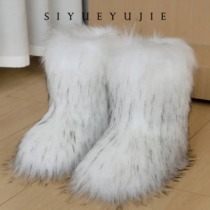Women Faux Fur Fluffy Plush Furry Boots Comfortable Female Snow Boots Fur Shoes Outdoor Mid Calf Boots
