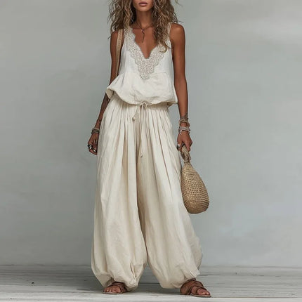 Women Sleeveless Lace V Neck Set Camisole Drawstring Waist Baggy Pants Suit Breathable Vacation Bohemian Casual Two Piece Outfit