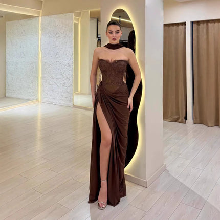 Serene Hill 2026 Brown Lace Beaded Mermaid Evening Dress High Split with Scarf Cape for Women Party Gown LA73672 Customized