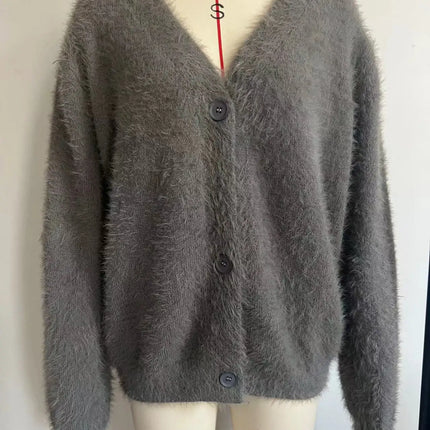 Autumn Winter V Neck Long Sleeve Button Thicken Fluffy Soft Loose Cardigan Knitted Sweater Coats PYMYFZC-9902
