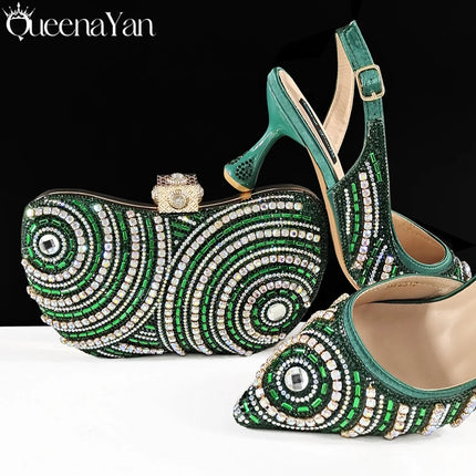 Queena Yan Nigerian Heel Party for Women Silver Color Shoes and Bag Set Rhinestone Handbag Italian Design Wedding INS 2025