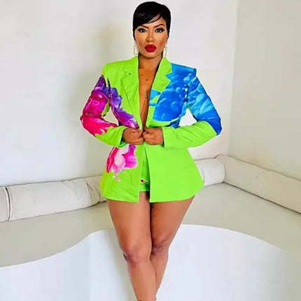 Floral Print 2 Piece Sets Women Outfit Y2K Clothes Elegant Blazer Coat and Short Suits Club Party Matching Sets Conjuntos Curtos