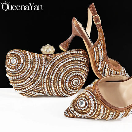 Queena Yan Nigerian Heel Party for Women Silver Color Shoes and Bag Set Rhinestone Handbag Italian Design Wedding INS 2025