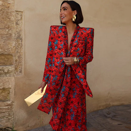 Street Women's Printed Lace Up Jackets Pants Sets Shoulder Pad Full Sleeve Coats Wide Leg Pants 2026 Summer Lady Fashion Outfits