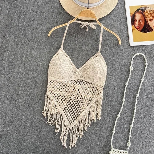 Knitted Tassels Hollow Out Tanks Camis for Women Bohemia Style Hault Sleeveless Sexy Femme Corset Crop - product image 7