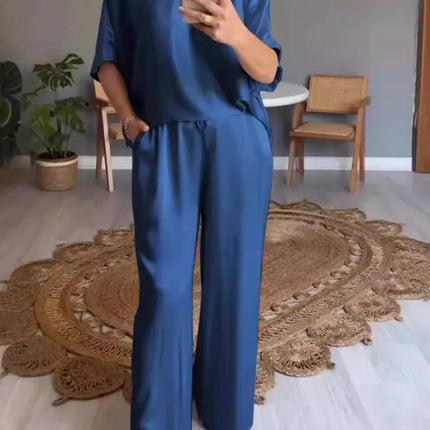 Spring Summer Fashion Solid Smooth Satin Two Piece Sets New Women's V Neck Half Sleeved Top And Long Pants Casual Loose Outfits