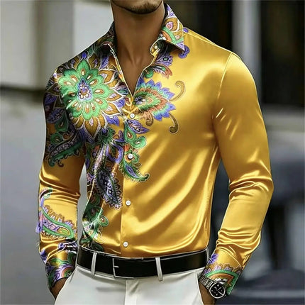 Men's Satin Paisley Printed Shirt Luxury Glossy Long Sleeve Casual Button Down Dress Shirts Nightclub Party Wear