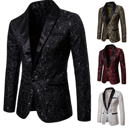Blazer Men Coat Turn Down Collar Blazers Single Button Full Sleeve Jacquard Evening Work Casual Slim Fit Formal Jacket Spring