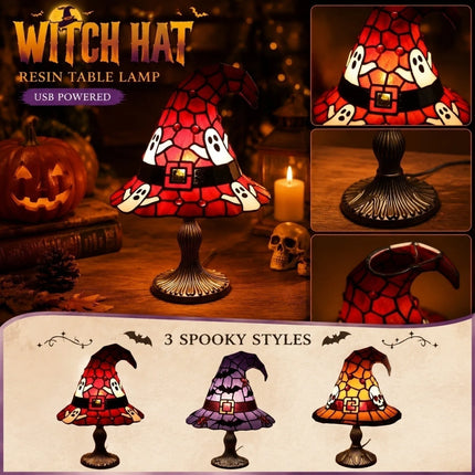 Stained Glass Witch Hat Lamp USB Powered Creative Table Lamp Night Light For Living Room Home Bedroom Decoration Halloween