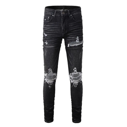 Gray Distressed jeans Holes Paisley Bandanna Patchwork pants Skinny Stretch Ripped Jeans Men