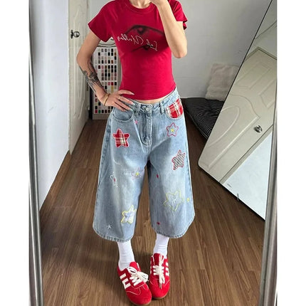 Women's Pants Baggy Cropped Denim Jeans Vintage Star Patch Loose Fit High Rise Casual Summer Style