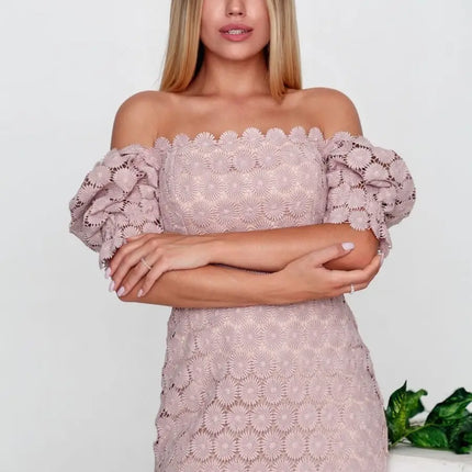 Women's Hollow Out Flower Lace Patchwork Slim Midi Dresses Temperament Solid Color Package Hip Dress Lady Commuting Vestidos