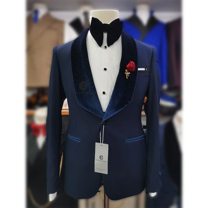Cenne Des Graoom 2022 New Design Navy Blue Shiny Velvet Lapel Suits For Men GiftWedding Party Blazer Vest Trousers 3 Pieces Set