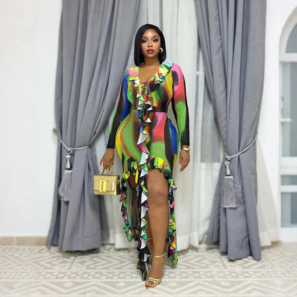 CM.YAYA Women Ruffles Splicing V-neck Long Sleeve Bodycon Maxi Long Dress 2026 Autumn Birthday Sexy Club Party Even Dresses