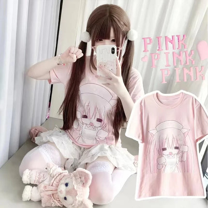 Y2k Women Clothing Cute Cartoon Summer Short Sleeve Tops Loose Anime Print Subculture T Shirts Haraiuku New Kawaii Sweet Tees