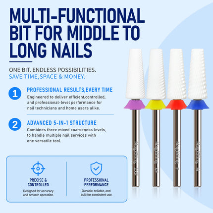 5-IN-1 Ceramic Nail Drill Bits for Efile Flat Top Left Right Hand Use Bit Hard & Soft Gel Removal Polishing Manicure Salon Tools