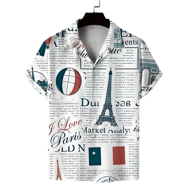 Camisa de verano para hombre estilo retro con estampado de periódico, informal, cómoda, versátil y transpirable