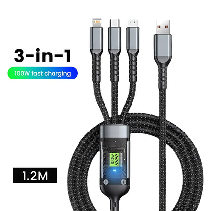 3 in 1 100W USB A Cable Fast Charging Micro USB Data Cord Phone Charger Quick Charge Cable For iPhone Samsung - product image