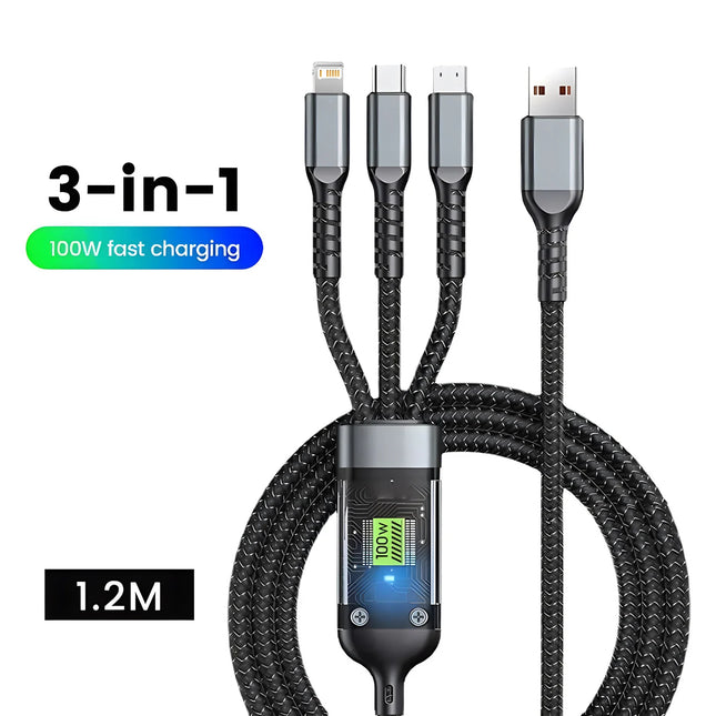3 in 1 100W USB A Cable Fast Charging Micro USB Data Cord Phone Charger Quick Charge Cable For iPhone Samsung - product image