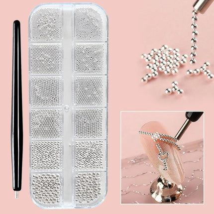 12Grid Gold/Silver Mini Caviar Beads Nail Art Decorations Metal Micro Balls Nail Charm with Magnetic Pen 3D Mini Caviar Nail Gem